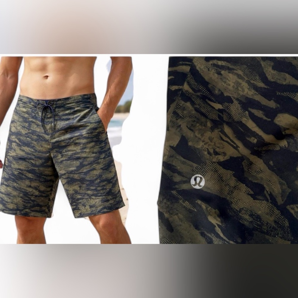 Lululemon Mens Boardshorts 32 Black Green Camo Swim Athletic Stretch Beach Gym